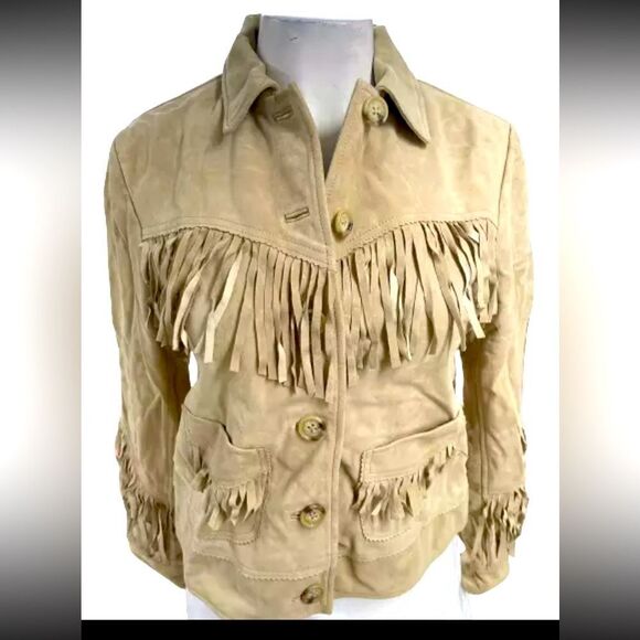 Lauren Ralph Lauren Women’s Fringe Trim Goat Suede Jacket Western Beige NWT $650 - Picture 4 of 16